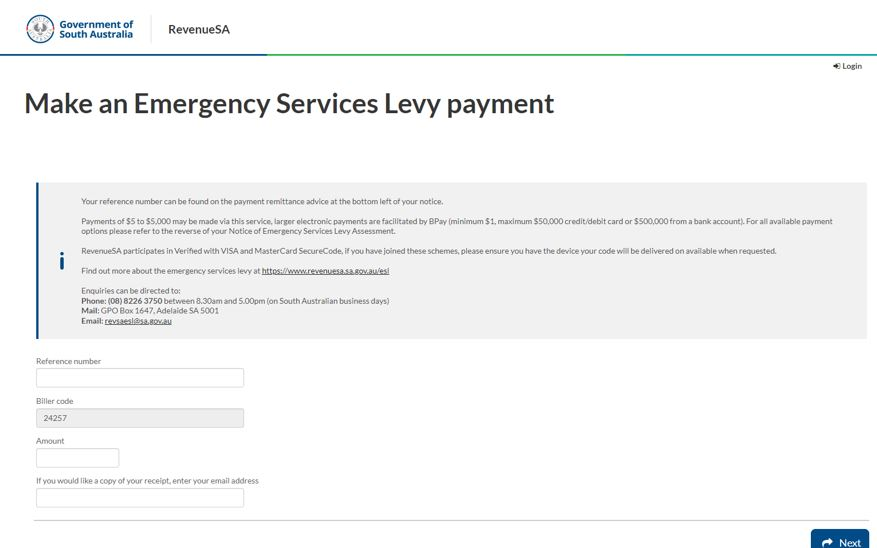 The initial screen in the new credit and debit payment portal. This will display Make a Land Tax payment or Make an Emergency Services Levy payment, depending on your selection.