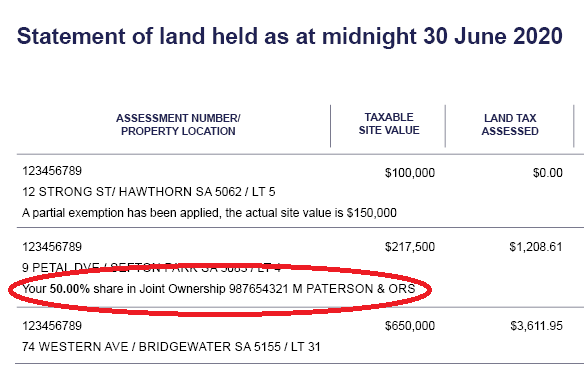 Red ring highlighting the words 'your 50% share in joint ownership 987654321 M Paterson & ORS' on Statement of land held