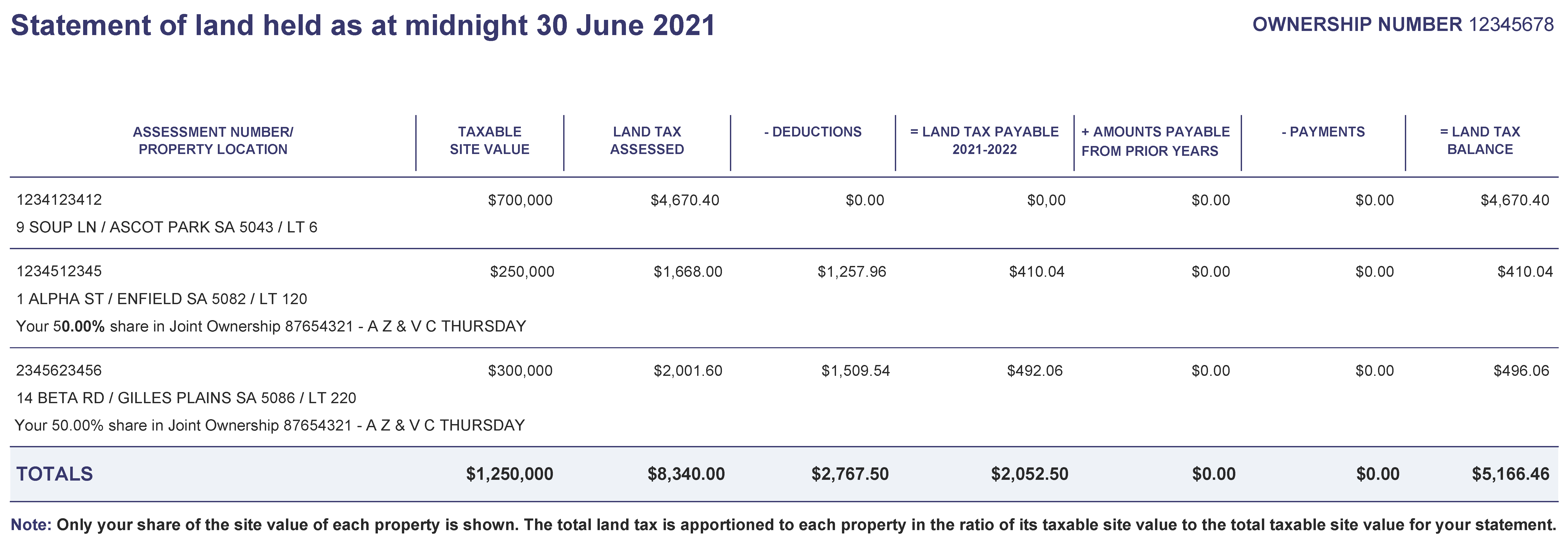 Example Statement of land held showing three properties held in an individual ownership where they own land in a joint ownership